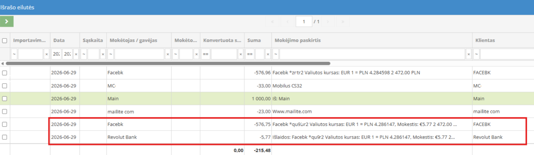 Imported bank statement with commission fees
